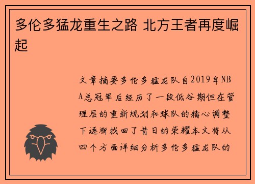 多伦多猛龙重生之路 北方王者再度崛起